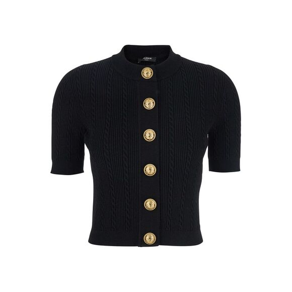 Balmain Women Black Crewneck Cardigan With Jewel Buttons In Viscose Blend Woman